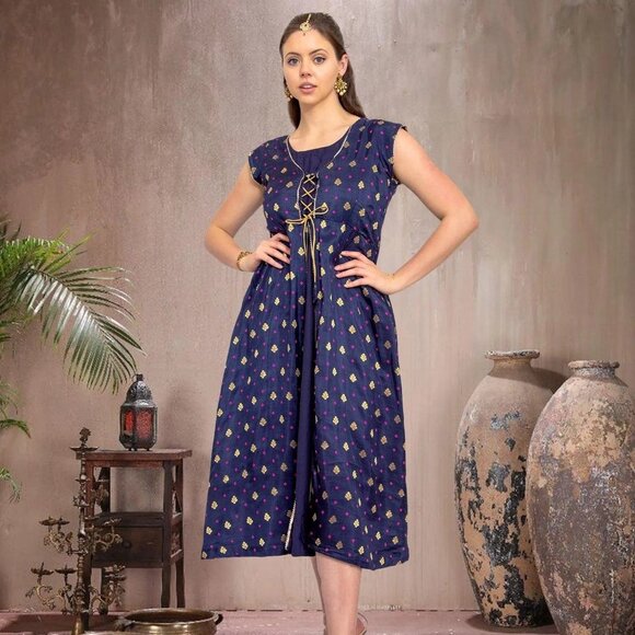 Buy EthnoChic Midnight Blue Silk Dress Online | Muvvas Boutique - Picture 2 of 5